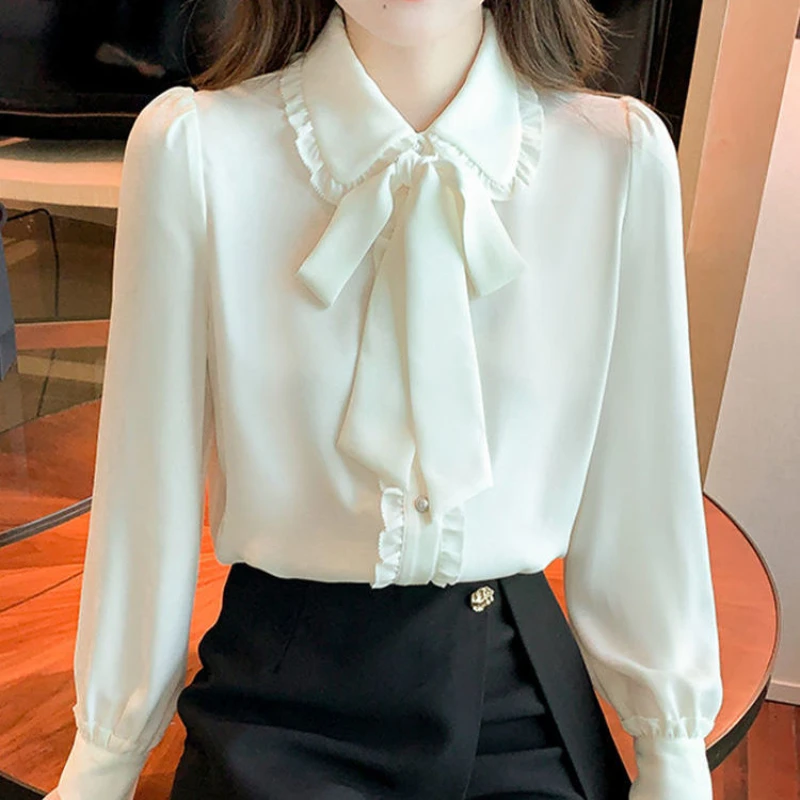 Camisa blanca de gasa con pajarita para mujer, blusa de moda Coreana de encaje, camisa de manga larga elegante para mujer, ropa informal 2022