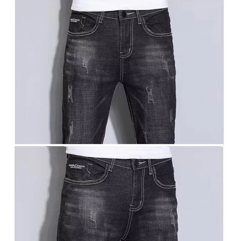 جينز رجالي موضة ربيع وخريف 2025 ممزق بقصة ضيقة سروال قصير ضيق الساق يومي غير رسمي يسمح بمرور الهواء ملابس الشارع الشهير