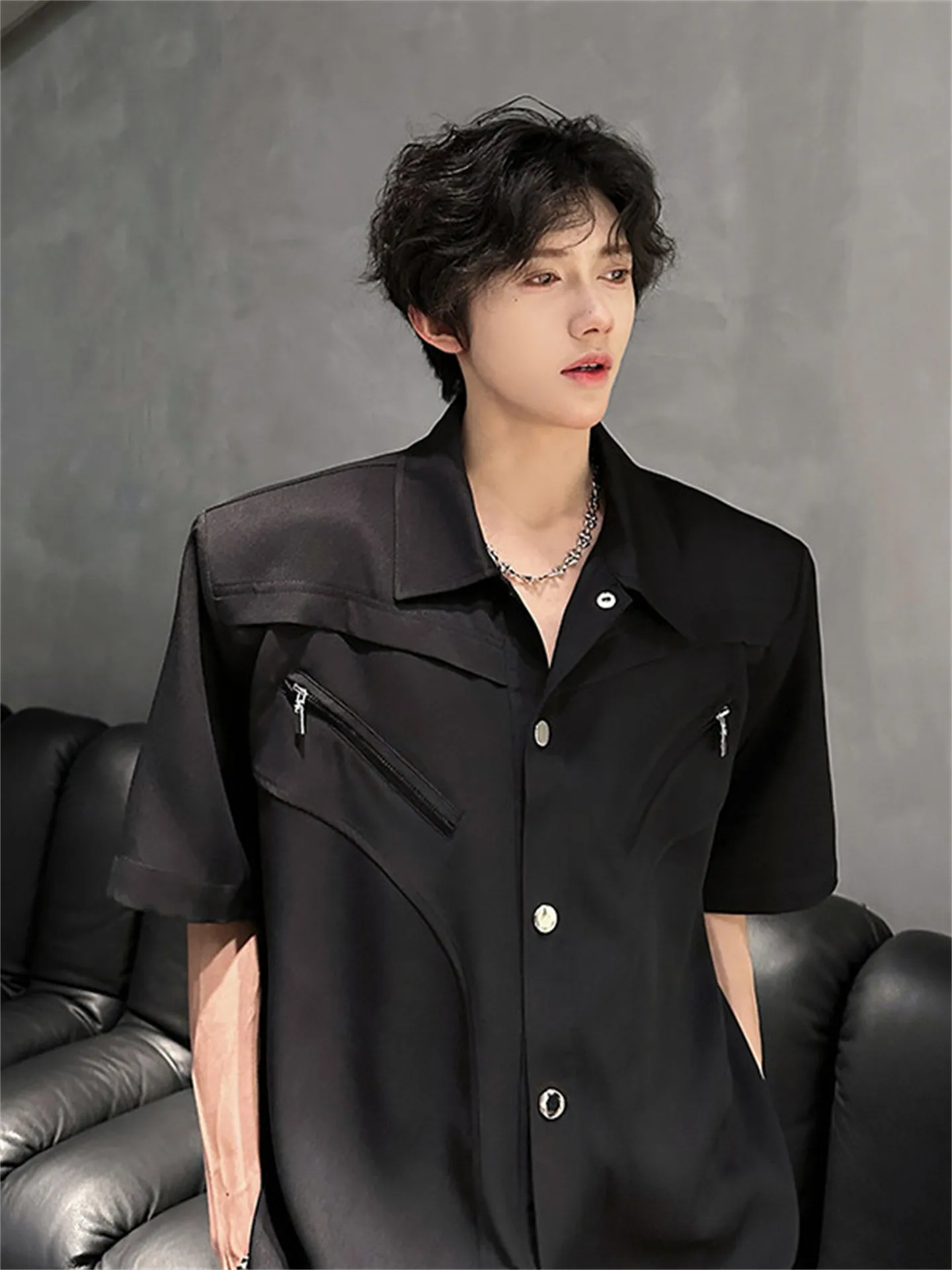  Shoulder Pad Shirt Men's Summer American Style Heavy Duty Deconstructed Short Sleeve Casual Fashion Trendy Pure Color
