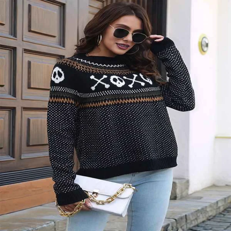 

Halloween Element Sweater 2025 New Ghost Print Knitwear Long-Sleeved Round-Neck Polka Dot Pullover Tops Fashion Woman Clothes