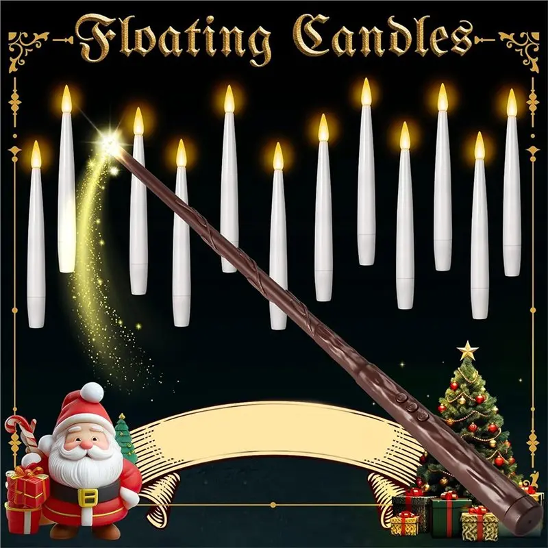 Lilin LED Mengambang 10 Buah, Lilin LED Ajaib Mengambang dengan Tongkat Remote untuk Dekorasi Jendela Pesta Tema Ulang Tahun Halloween