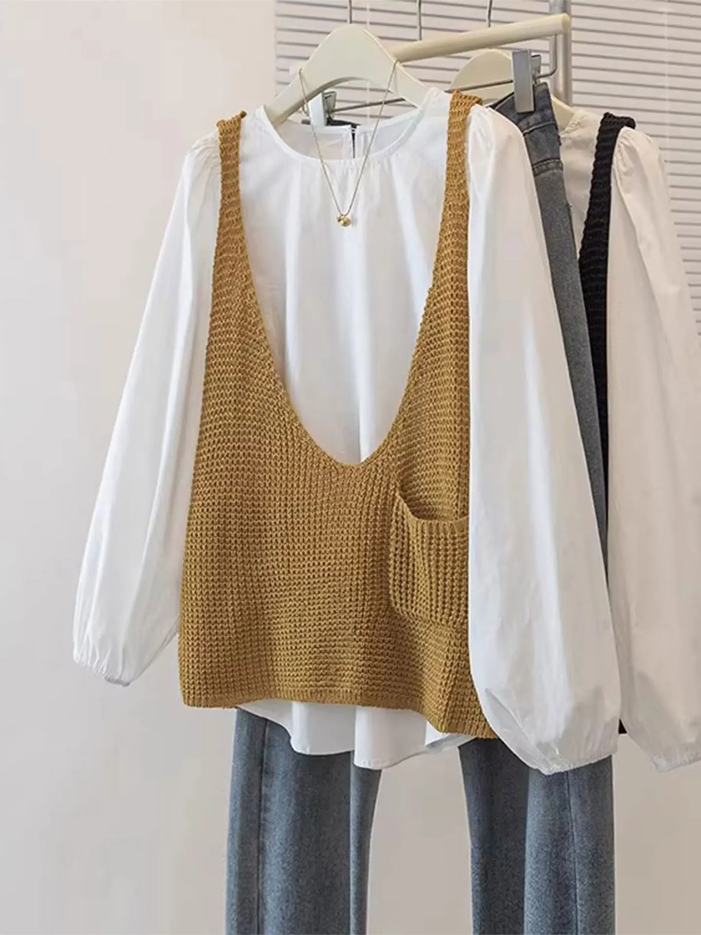 

Spring Faion plus Size Women's Knitted Vest irt Long Sve Two Piece Set Casual Commute Sle Medium Weight Ensemble