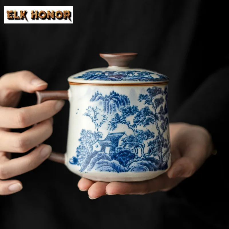 

330ml Ru Kiln Mountain Water Green Pine Coffee Mug Oatmeal Breakfast Mug Afternoon Tea Mug With Lid Office Water Cup Tea Items