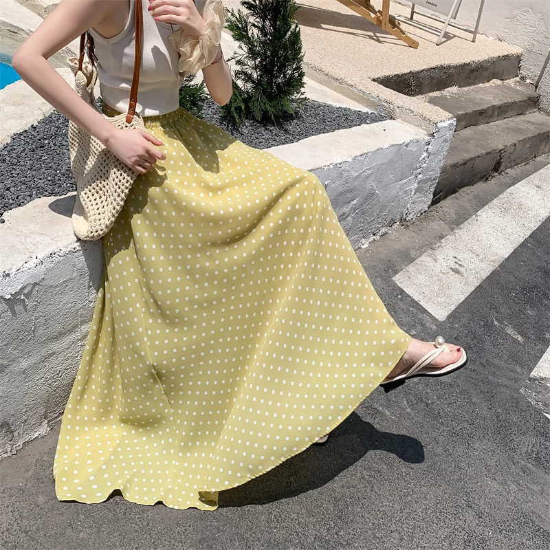 Yellow Polka Dot A-Line Midi Skirt High Waist Slimming Hip Covering Fullness Long Women's Skirts Polyester Fiber Summer