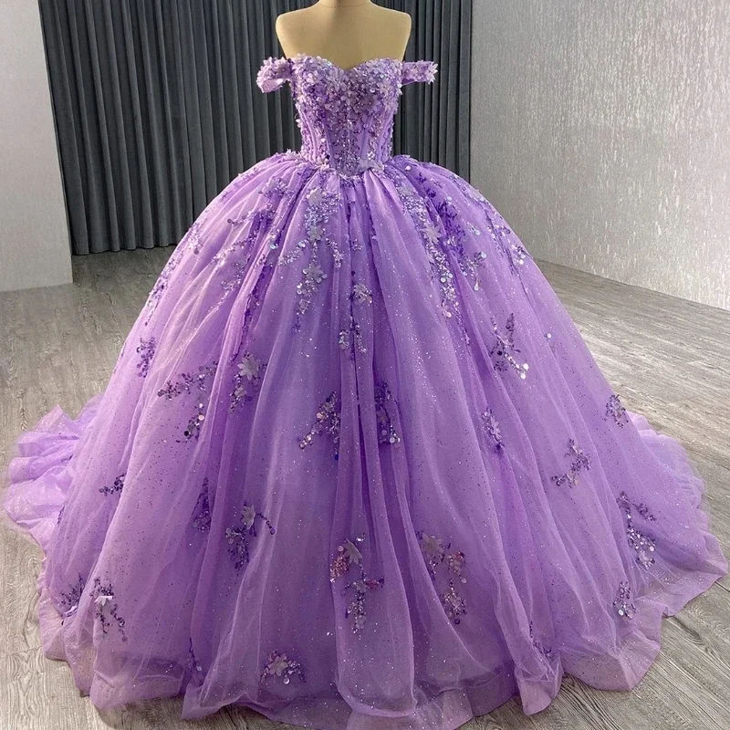 Vestidos de Quinceañera de lavanda Lila brillante, Apliques de encaje con cuentas, Tull dulce 16, Vestidos de graduación populares D, nuevo estilo