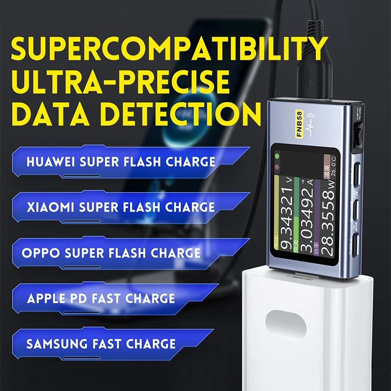 FNIRSI-FNB58 4~28V 0-7A USB Tester Digital Voltmeter Ammeter Type-C Fast Charge Detection Trigger Capacity Ripple Measurement