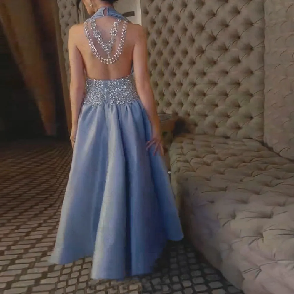 

Customized A-line Evening Dresses Ankle-length V-neck Sleeveless Prom Gown Simple Fashion Backless Crystal Draped Party Gown