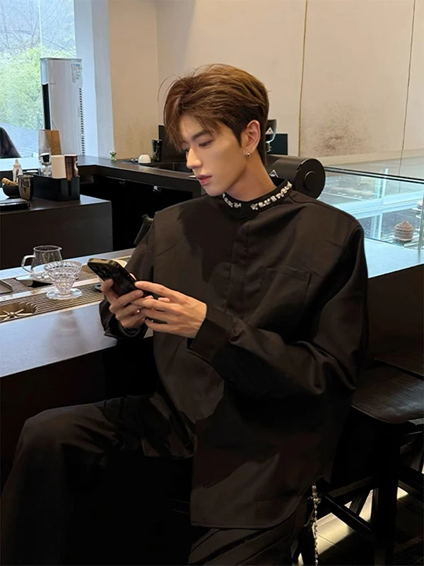 

Bla Diamond Embellied oulder Padded Long Sve Men's irt Cleanfit Korean Trendy Cool Outerwear Youth Summer Faion