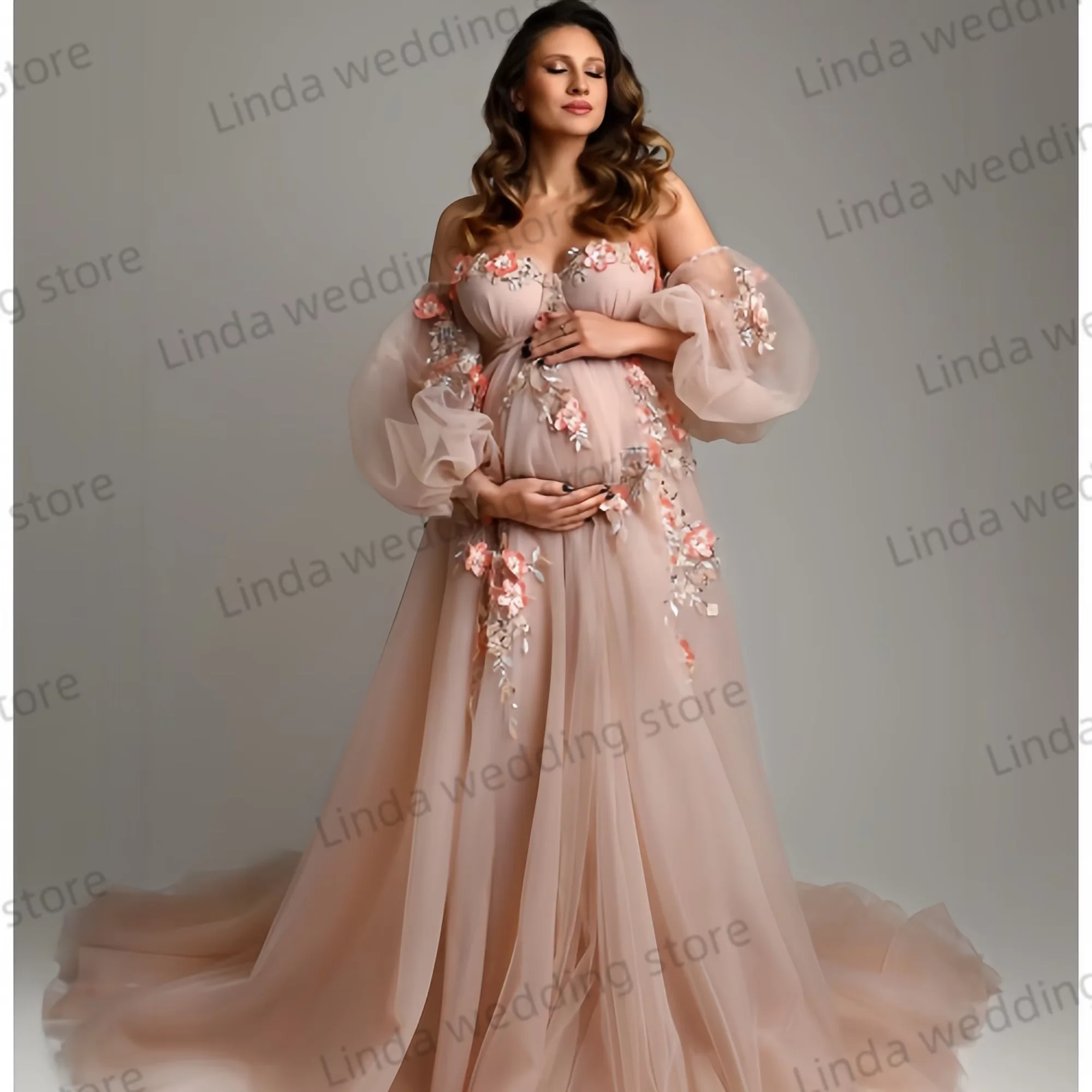 Illusion rose robes de maternité chérie robes de grossesse avec des fleurs personnalisé longue Tulle à plusieurs niveaux robe de boudoir photographie