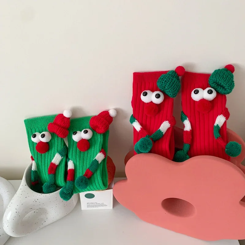 Funny Cartoon Women Socks Red Green Stereoscopic Cute Warm Soft Knitted Mid Length Socks Christmas New Year Creative Stockings