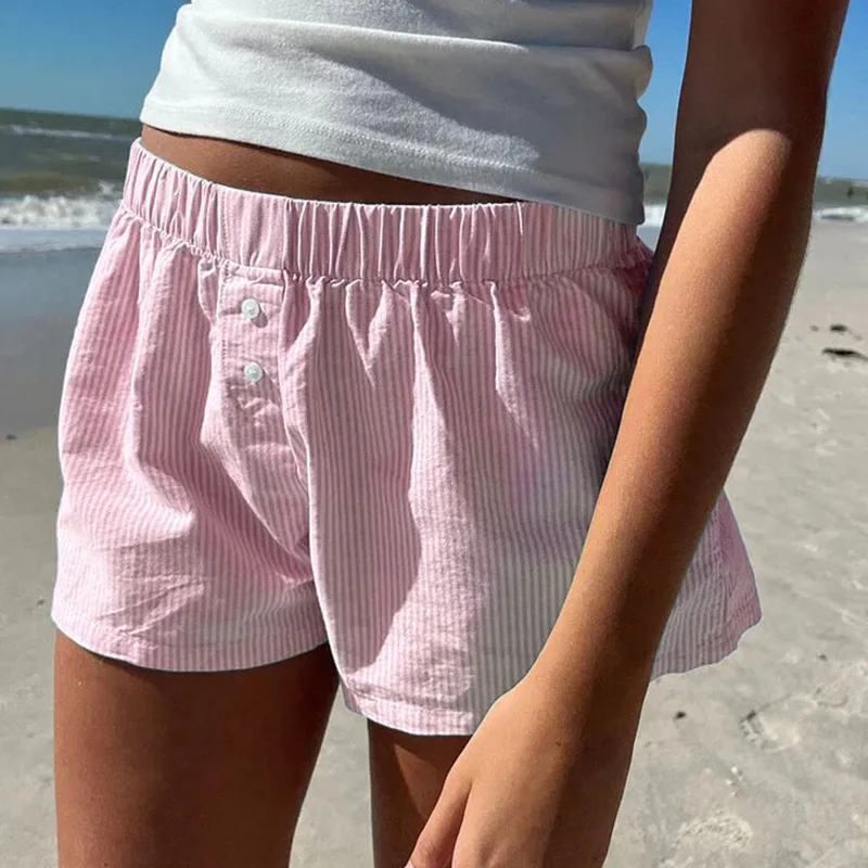 Striped printed women's casual shorts with elastic waist, fashionable button bottoms, unique streetwear, basic Y2K loose shorts