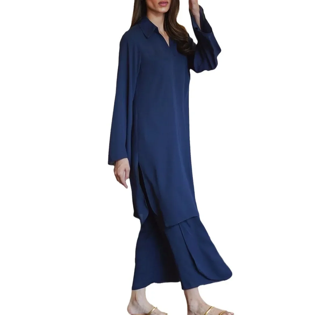 Women Eid Muslim Sets Ensemble Morocco Ramadan Two Pieces V Neck Kaftan Islam Blouses Arab Loose Wide Leg Pants Modest Solid