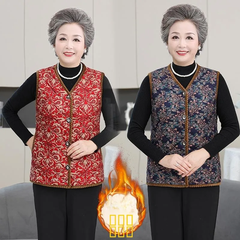 

Утепленный флисовый жилет для женщин среднего и старшего возраста, осенне-зимняя верхняя одежда с V-образным вырезом, на пуговицах, с цветочным принтом