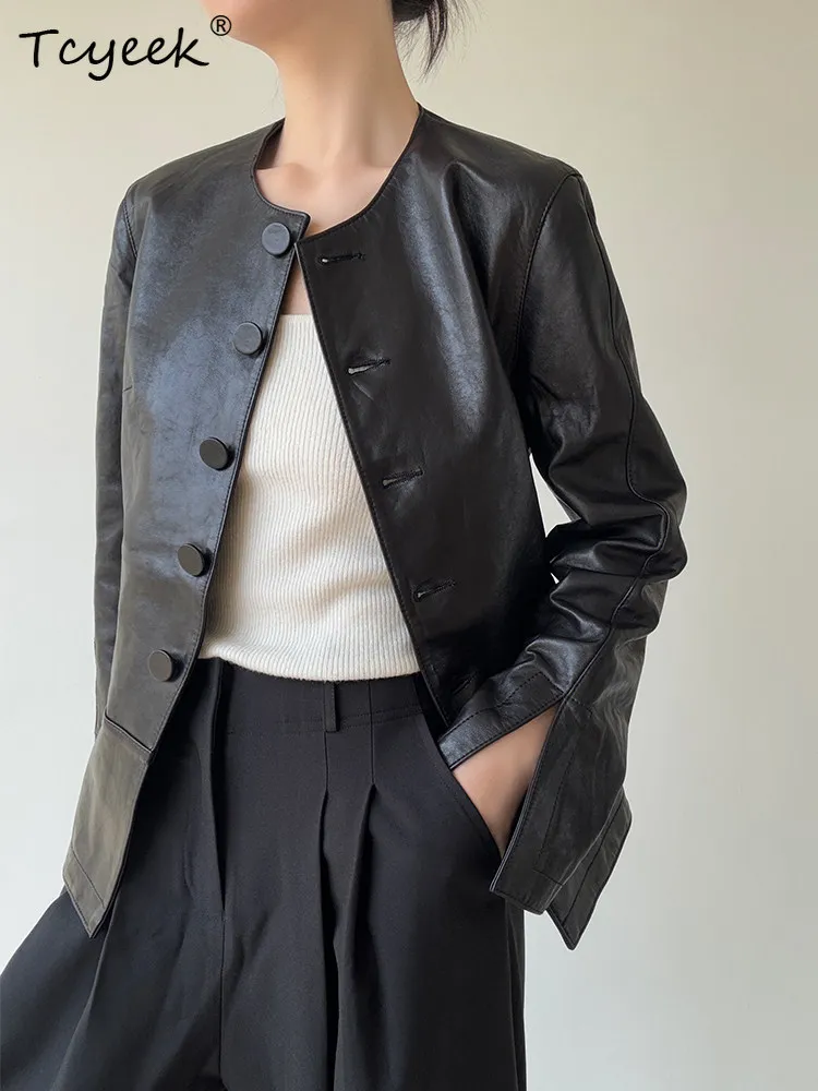 Tcyeek Real Leather Jacket Women Spring Autumn Clothes Oil Wax Sheepskin Leather Coat Womens Coats 2025 Jaqueta Feminina Couro