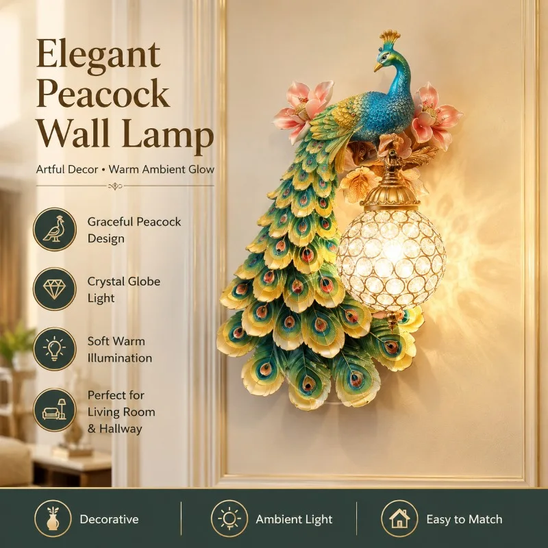 European Nordic Creative Peacock Wall Sconce with Resin Crystal Shade for Living Room Bedroom Hallway Stairway Decor Light
