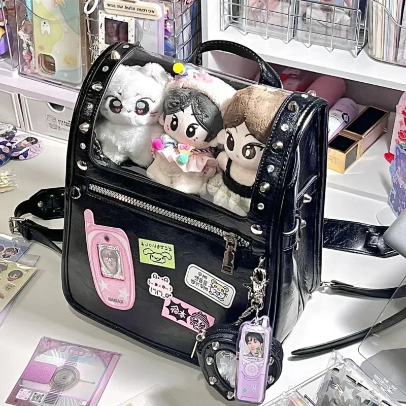 PU Leather Y2k Japanese Pain Backpacks Transparent Pockets Harajuku Ita Bags Rivets Lolita Black Backpacks Kawaii Backpack Girls