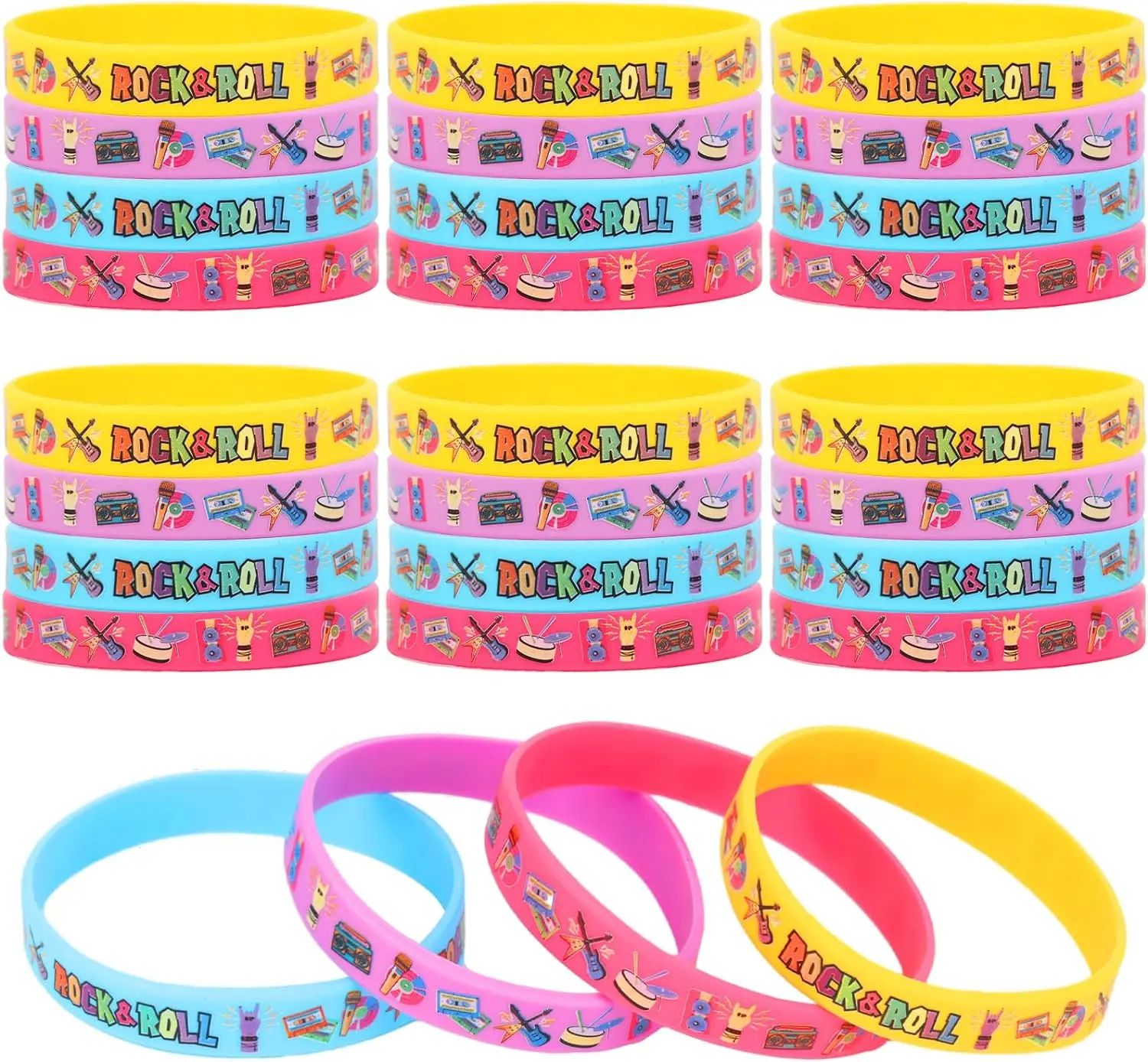 

24Pcs Rock and Roll Bracelets Party Favors Silicone Wristbands for 50s 90s Born to Rock Star Birthday Party Decor Music Party