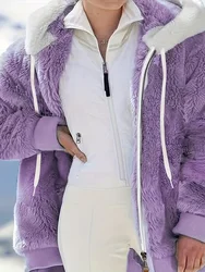 Women Plush Zipper Pocket Hooded Jacket Long Sleeve Solid Color Winter Casual Loose Warm Lady Coats Comfortable Thick Clothing