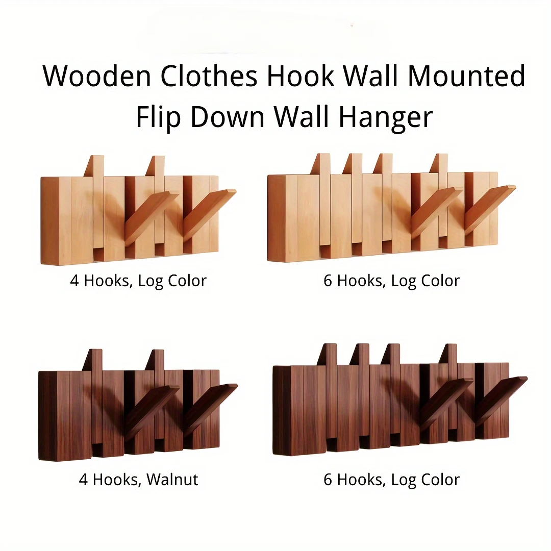 6 Hooks Fashionable Wooden Clothes Hook Wall Mounted Flip Down Hanger, Foldable Coat Rack Kitchen, Bedroom, Bathroom, Entryway