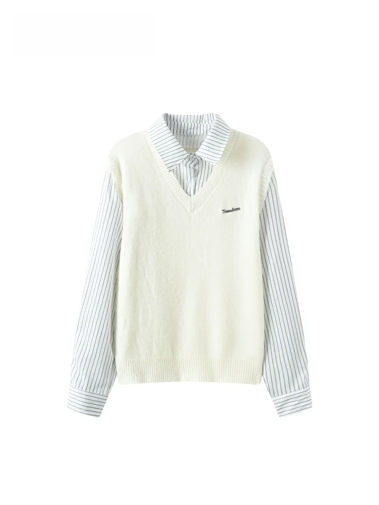 

plus Size Ne Long Sve Knitted irt Women's Autumn New Sle CaraCLUB Big Sister Fake Two-Piece Top Korean Sle