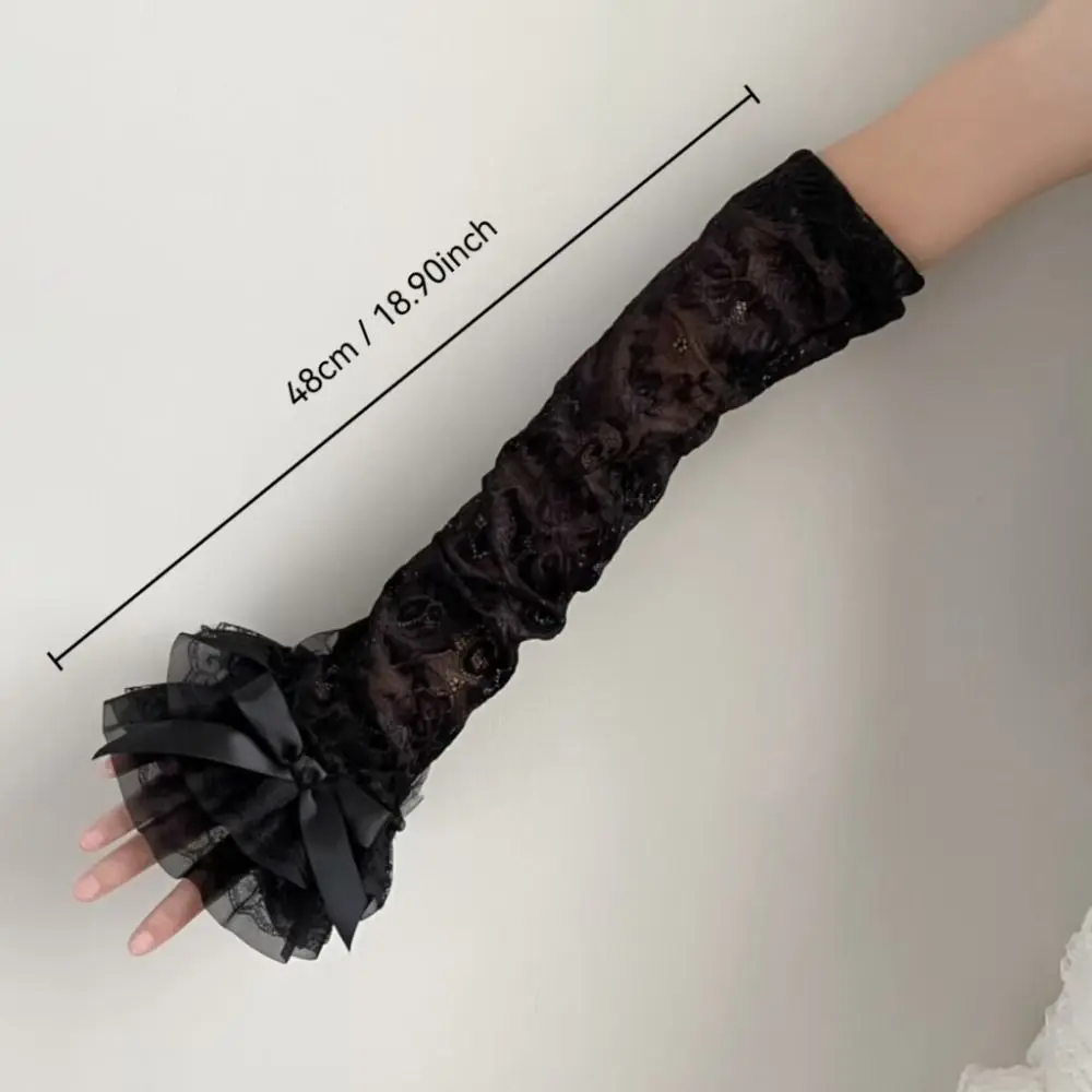 رشيقة الدانتيل Bowknot المرأة كم الحماية من الشمس Y2K الدانتيل أصابع قفازات الجوف خارج قفازات طويلة