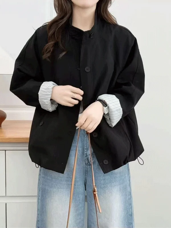 Spring 2026 Women's Elegant Straight Cut Short Thin Coat for Commuting plus Size Stylish Button up Polyester Fiber Long Sleeve