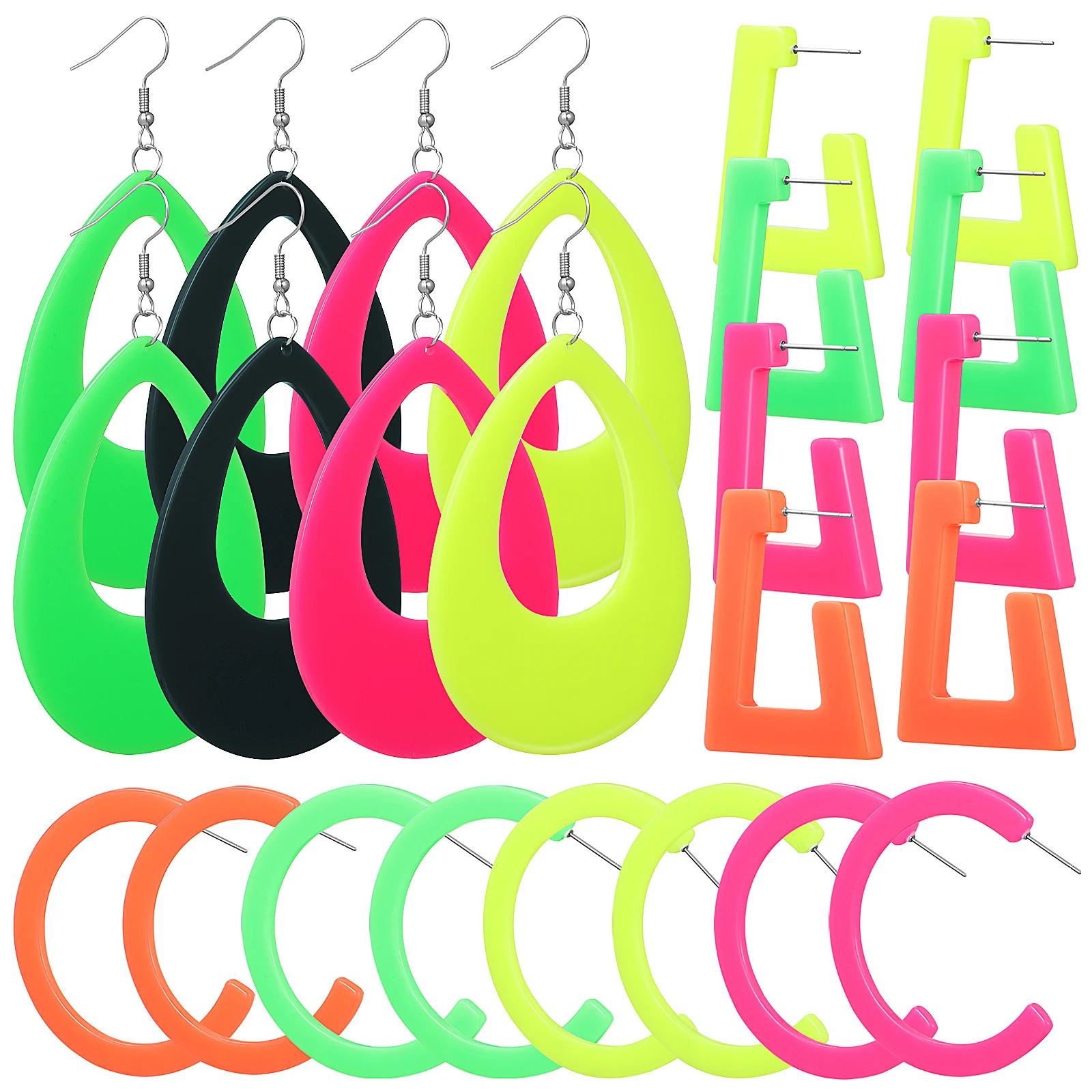 

12 Pairs Vintage Neon Earrings Water Drop Dangle Geometric Bright Colorful Candy Color Jewelry Party Accessories