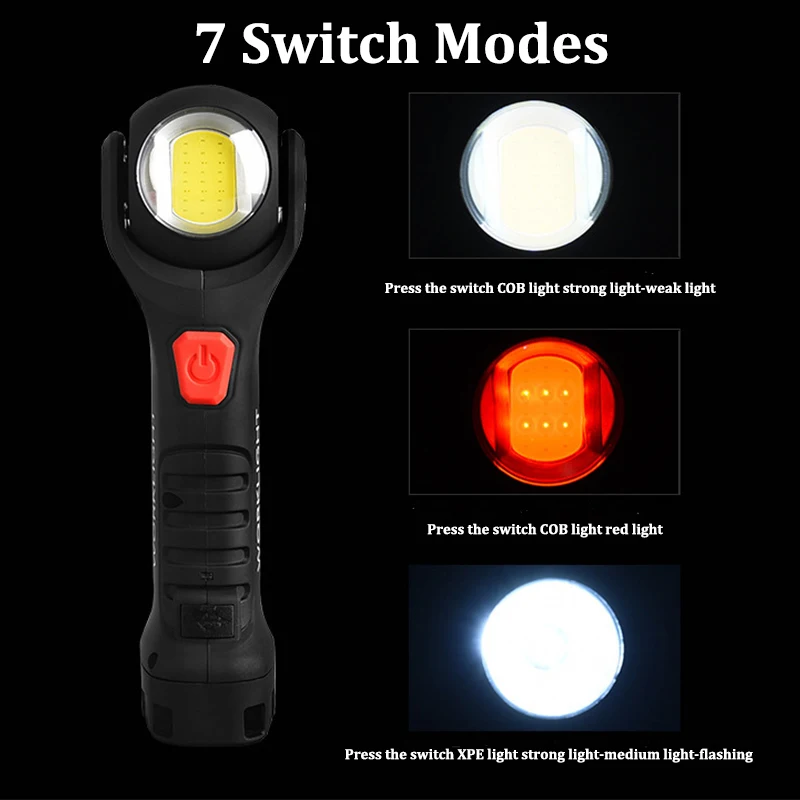 Multi-functional XPE+COB Work Light USB Rechargeable 7 Modes Tail Strong Magnetic Flashlight 360 degree rotating Outdoor Hiking