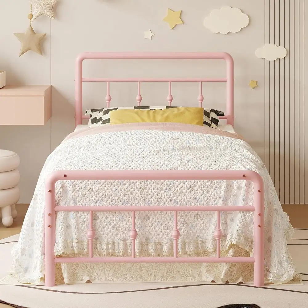 

Victorian-Style Heavy Duty 14 Metal Twin Bed Frame with Headboard, Footboard, No Box Spring, Easy Assembly, Pink