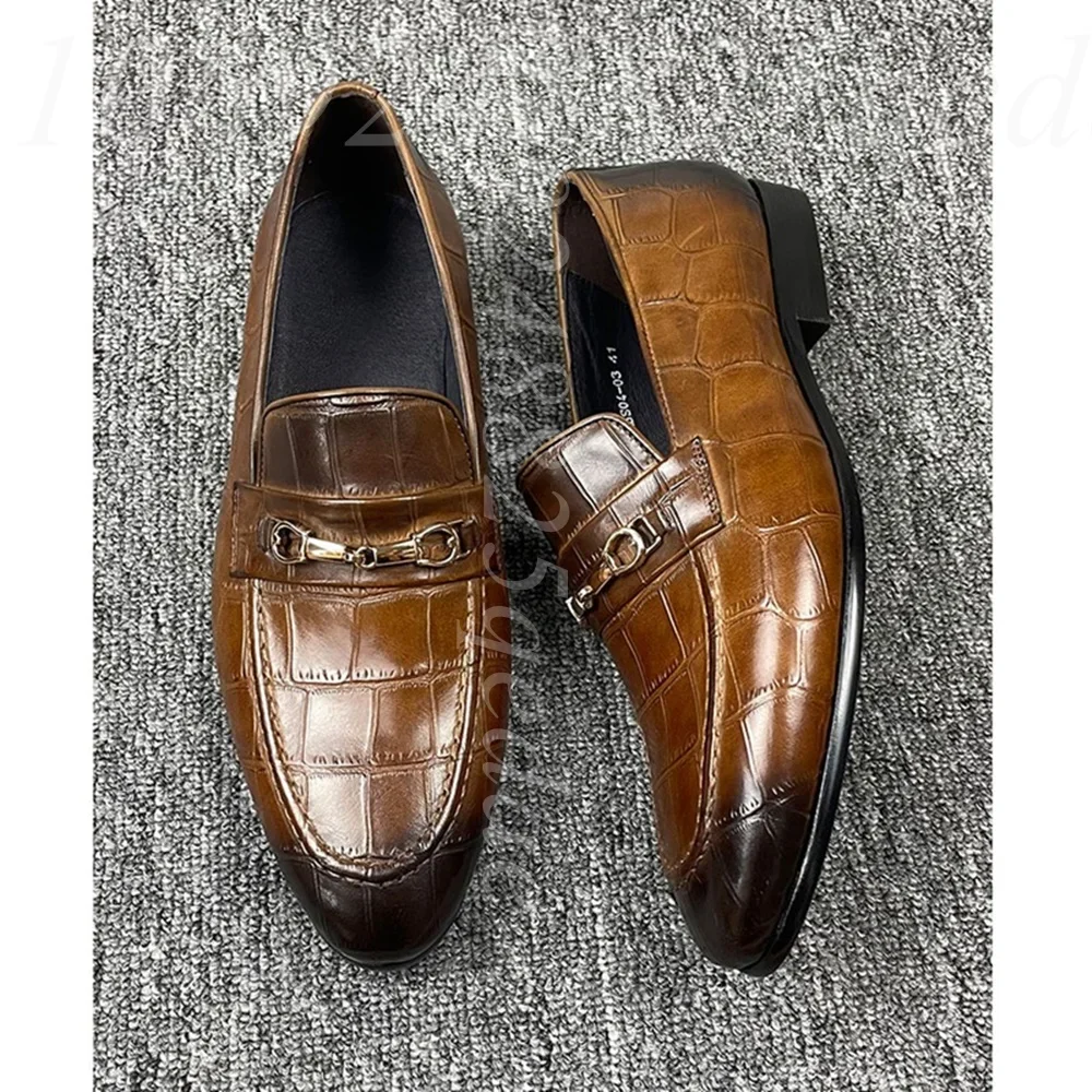 Men's Hand-Polished Crocodile Embossed Loafers Brown Burnished Leather Slip-On Dress Shoes for Luxury Formal Classic Daily Wear