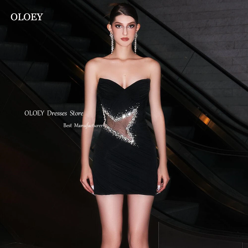 

OLOEY Shiny Beading Crystal Mini Evening Dresses Photoshoot Strapless Sweetheart Black Prom Dress Custom Wedding Party Gowns