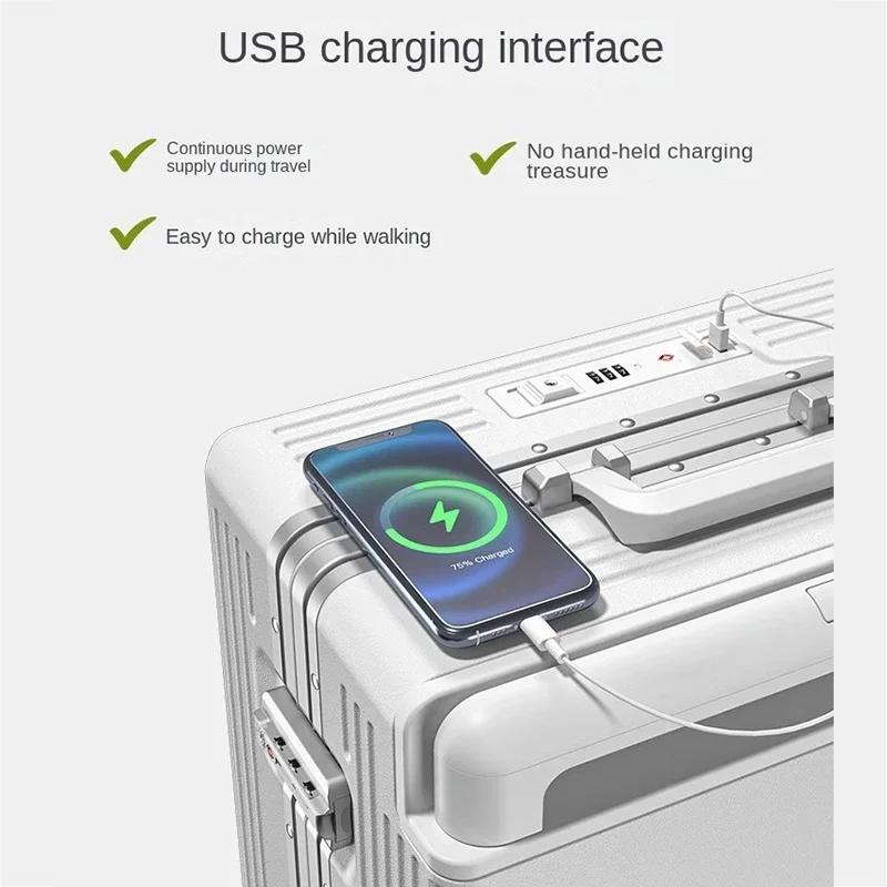 Port de charge USB multifonction à ouverture frontale, coffre d'embarquement, argent, large chariot, bagages, ordinateur portable, valise d'affaires, 20 pouces