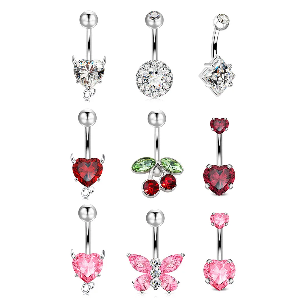 3PCS Kawaii Belly Button Rings, Floral Heart & Butterfly Cherry Designs, Hypoallergenic Stainless Steel Women’s Piercing Collect
