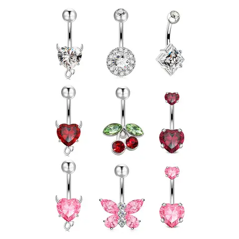 3PCS Kawaii Belly Button Rings, Floral Heart & Butterfly Cherry Designs, Hypoallergenic Stainless Steel Women’s Piercing Collect