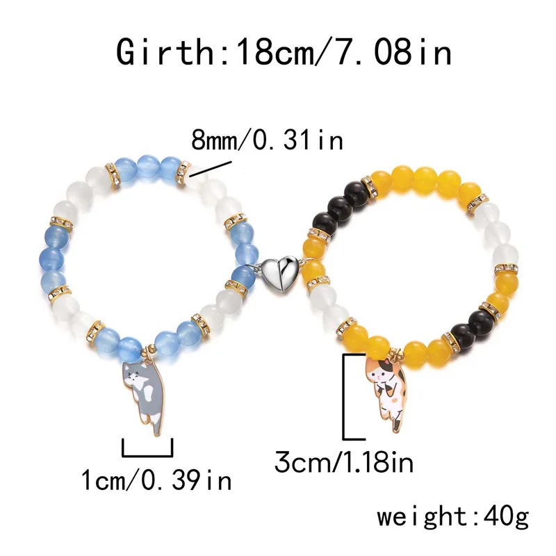Passende magnetische Paar-Armbänder für Liebhaber, süßer Katzen-Anhänger, Freundschaftsschmuck, Naturstein-Perlen-Armreifen, Valentinstagsgeschenk – Detail 12