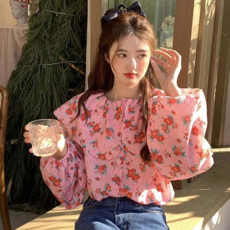 Preppy Style Love Floral Print Blouses Lolita Peter Pan Collar Puff Sleeves Shirt Button Up Cute Tops Chic Fashion Clothing