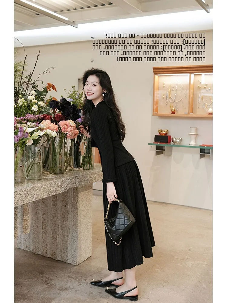 

Пражский комплект, бумажная фигурка, эластичный вязаный топ, плиссированная юбка, брендовый женский комплект MEIYANG, простой длинный свеч, V-Ne B...