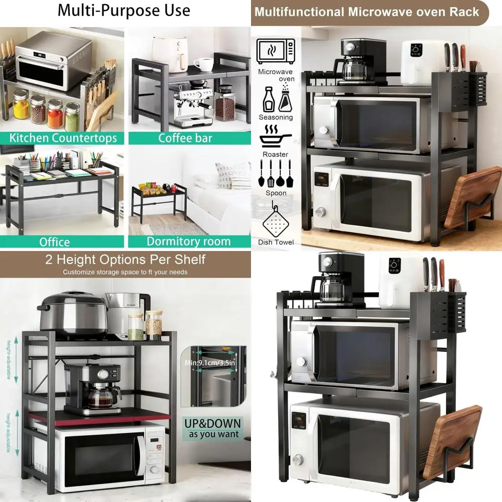 

3-х уровневая сверхмощная подставка для микроволновой печи с держателем для ножей и палочек для еды, вмещает 55 фунтов, 6 крючков, кухонный органайзер