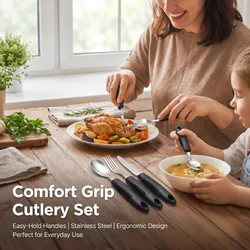 Stainless Steel Elderly Shake-Resistant Dining Utensils Self-Adaptive Rehabilitation Knife Fork Spoon Set with Rubber Handle