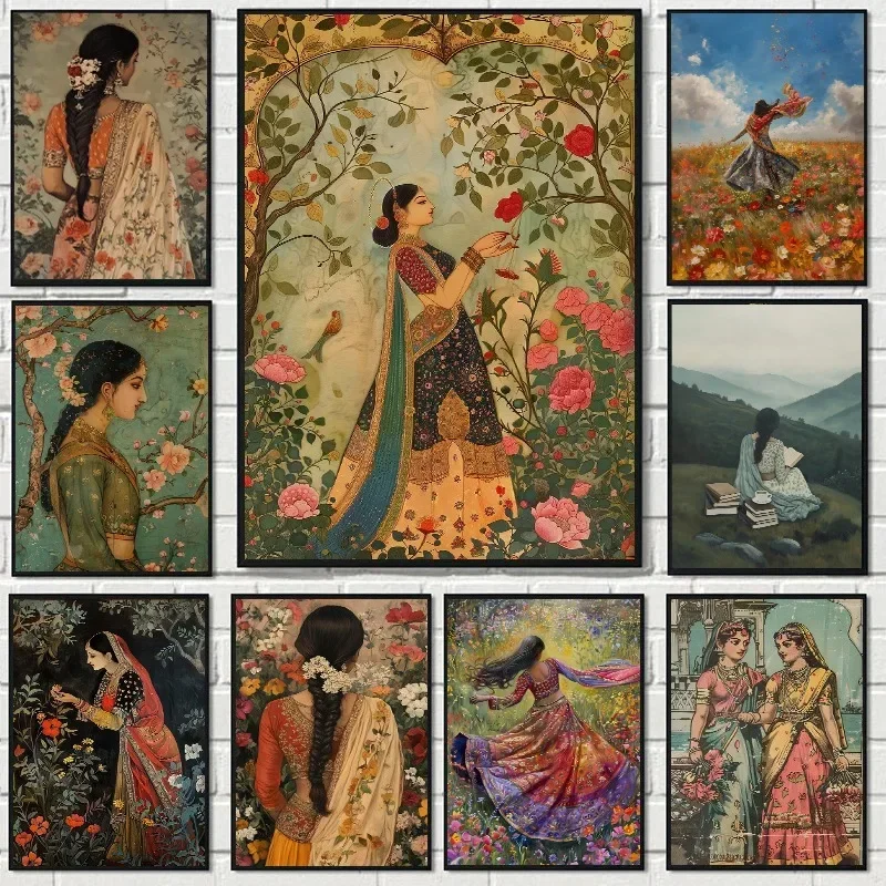 1pc frameless Canvas Painting Vintage Indian Mughal Inspired Woman Portrait Poster Traditional Indian Pakistani works Canvas Pai