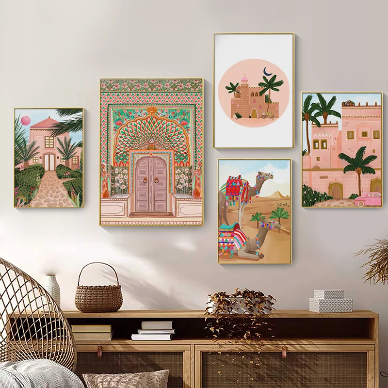 Moroccan Wall Art Canvas Poster and Print Nordic Pink Lotus Gate Decorative Picture Painting for Mosque Living Room Decoration