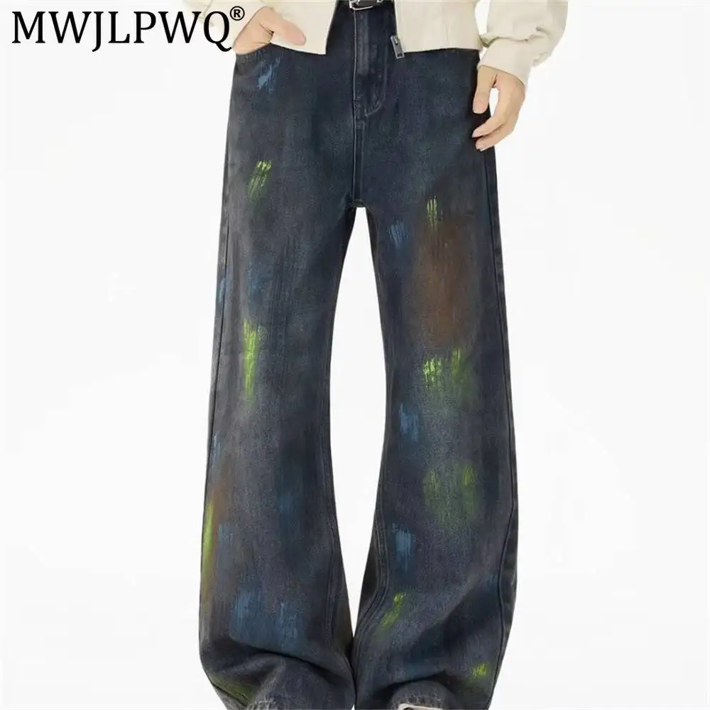 MWJLPWQ Paint Graffiti Splash-Ink Jeans For Men Punk Trendy Niche Autumn Loose Casual Distressed Straight-Leg Trousers 20273
