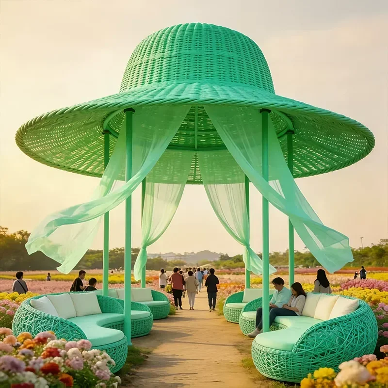 Outdoor landscape rattan straw hat rattan sofa photo clock in scenic hotel homestay camping base installation ornament