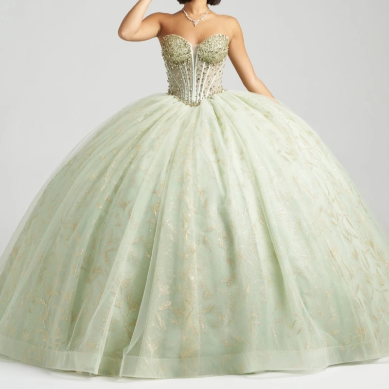 Green Glitter Quinceanera Dresses Off Shoulder Ball Gown Sweet 16 Dress Gold Applique Beads Bow Tull Party Birthday Vestidos 15