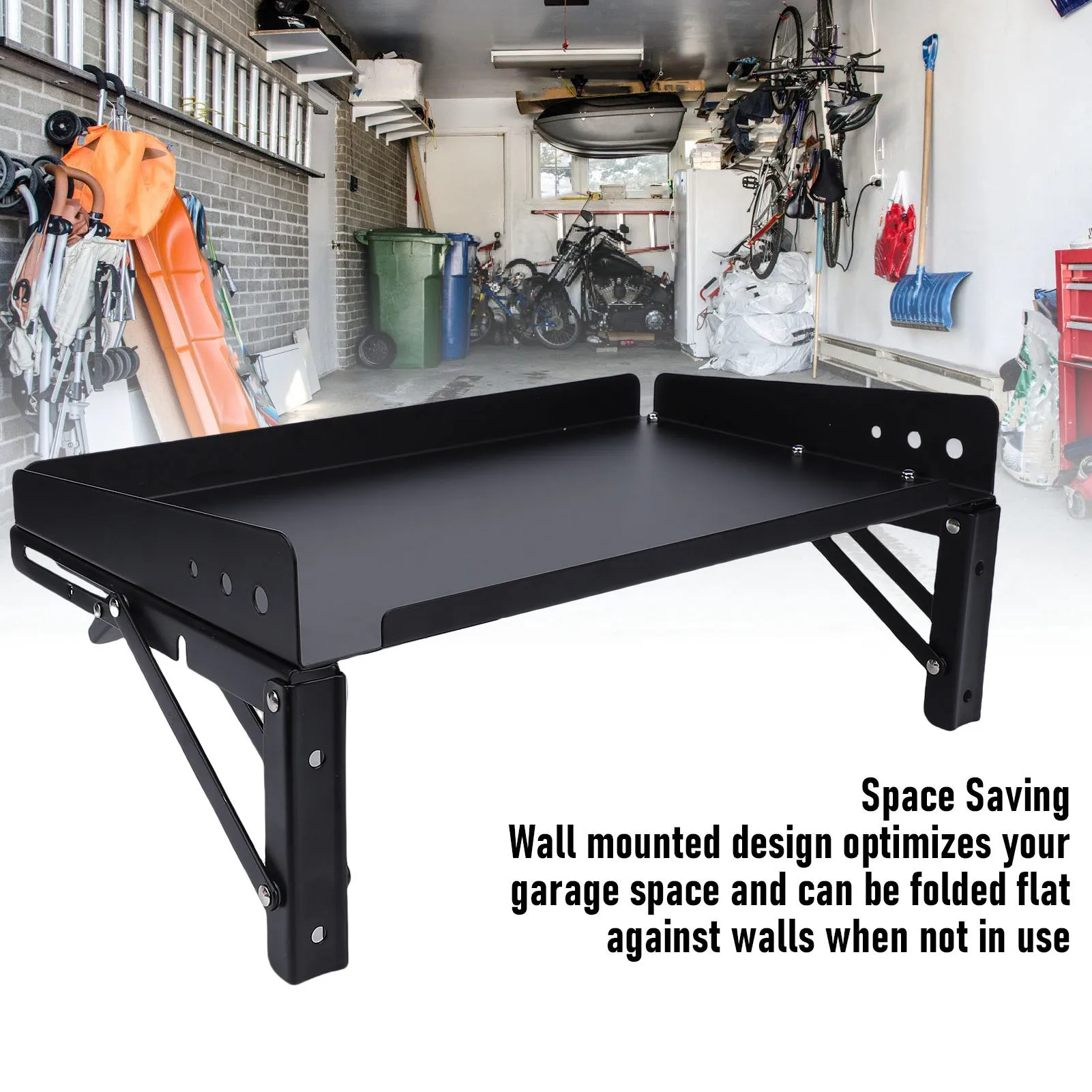 2 Set Garage Folding Storage Rack 200LB Load Capacity Metal Wall Mounted Adjustable Shelf for Power Tools Toolbox
