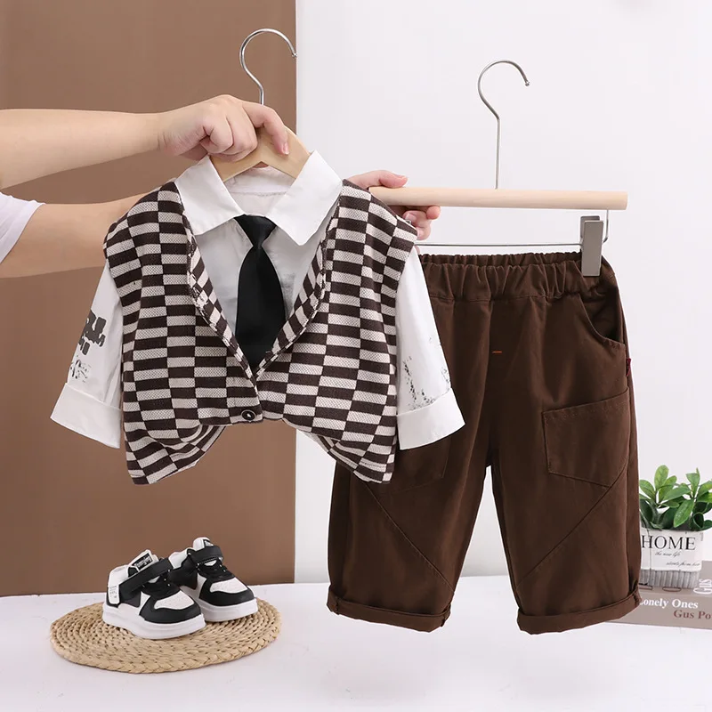

Boys Clothes Sets Spring Autumn Children Fashion Vest Tie Shirts Pants 3pcs Party Suit For Baby Outfits Kids Tracksuits 4 5Y Set