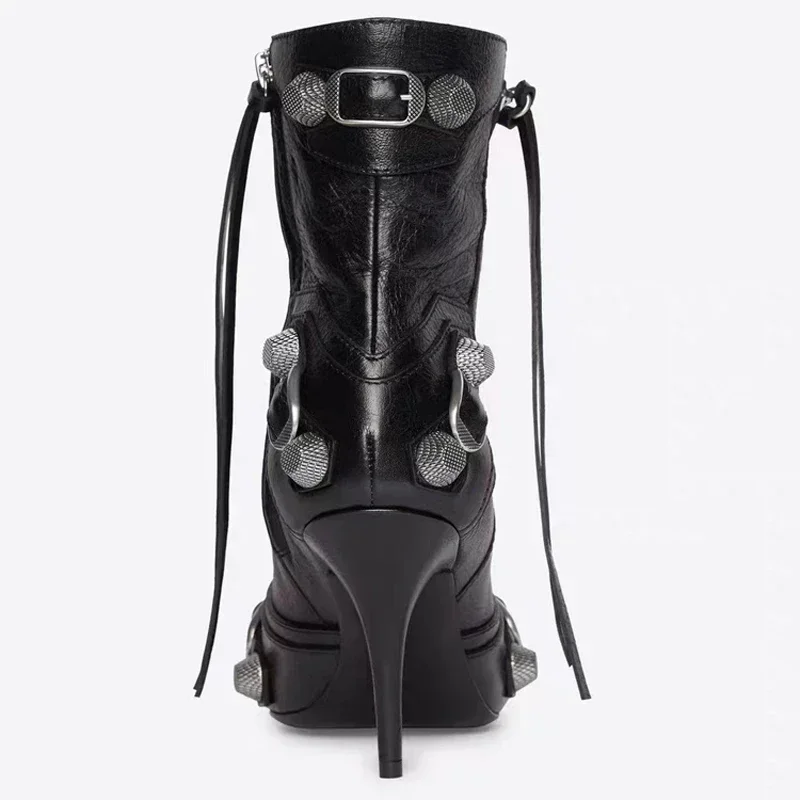 عالية رقيقة الكعب حذاء من الجلد للنساء ديكور معدني برشام مهدب البريدي Ppinted تو دراجة نارية سيدة الجوارب النساء الأحذية #2