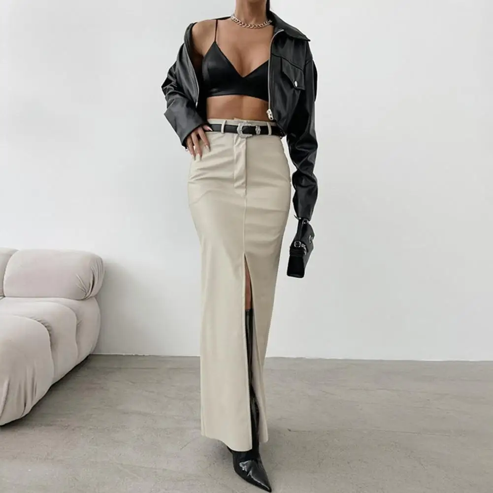 

Faux Leather Maxi Skirt Solid Color High Waist Slit Hem Maxi Skirt Windproof Velvet Lining Straight Fit Long Skirt
