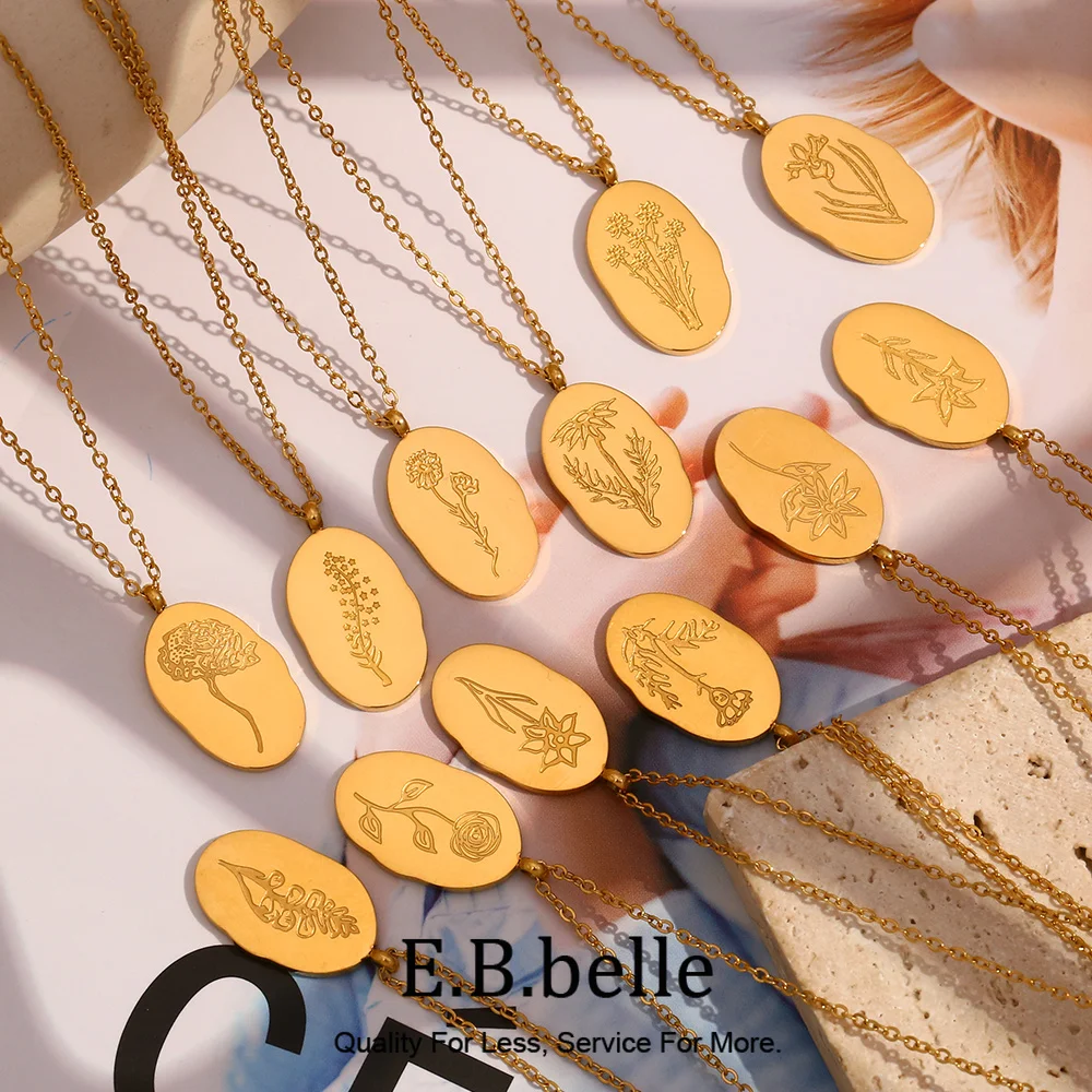 E.B.belle Halskette mit Anhänger, unregelmäßig, Persönlichkeit, 12 Monate, Blumen-Anhänger, Edelstahl, vergoldet, Geburtsstein-Halskette