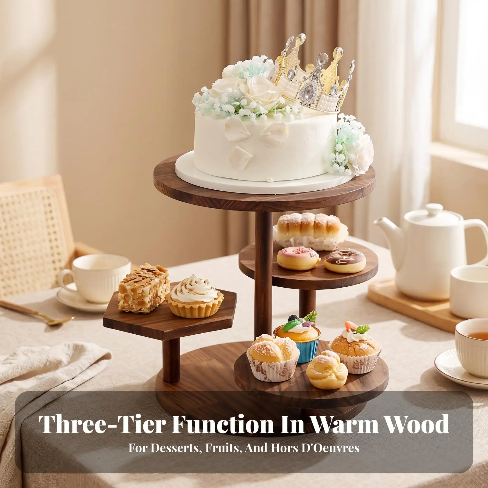 3 Tier Solid Wood Cake Display Stand for Pastry Snack Serving at Wedding Tea Party Buffet Table
